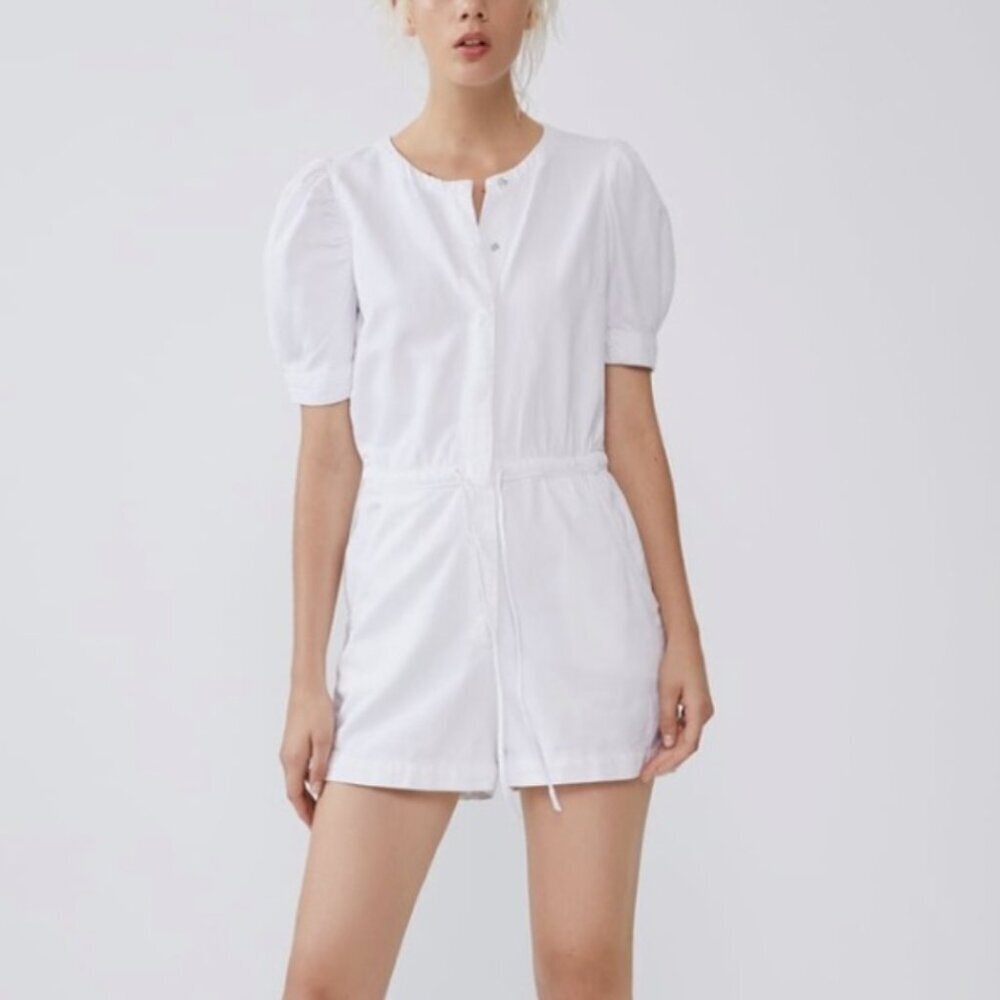 Zara White Denim Puff Sleeve Romper Snap Front Drawstring Waist Size Medium